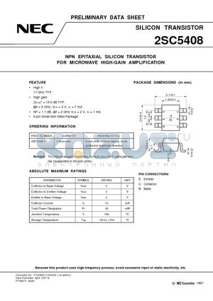 2SC5408 datasheet - NPN EPITAXIAL SILICON TRANSISTOR FOR MICROWAVE HIGH-GAIN AMPLIFICATION