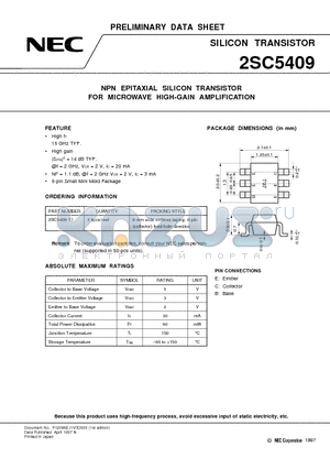 2SC5409 datasheet - NPN EPITAXIAL SILICON TRANSISTOR FOR MICROWAVE HIGH-GAIN AMPLIFICATION