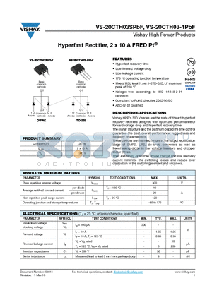 20CTH03SPBF datasheet - Hyperfast Rectifier, 2 x 10 A FRED Pt