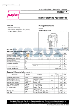 2SC5417 datasheet - Inverter Lighting Applications