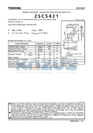 2SC5421 datasheet - NPN TRIPLE DIFFUSED MESA TYPE (HORIZONTAL DEFLECTION OUTPUT FOR MEDIUM RESOLUTION DISPLAY, COLOR TV. HIGH SPEED SWITCHING APPLICATIONS)