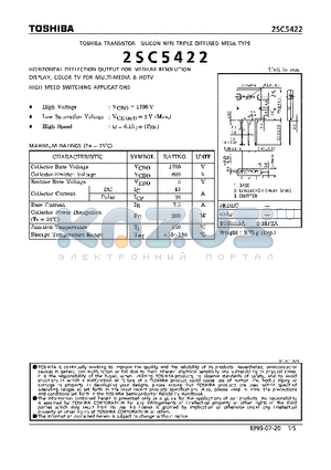 2SC5422 datasheet - NPN TRIPLE DIFFUSED MESA TYPE (HORIZONTAL DEFLECTION OUTPUT FOR MEDIUM RESOLUTION DISPLAY, COLOR TV FOR MULTI-MEDIA & HDTV HIGH SPEED SWITCHING APPLIC