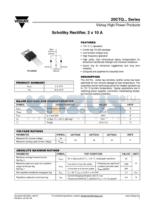 20CTQ datasheet - Schottky Rectifier, 2 x 10 A