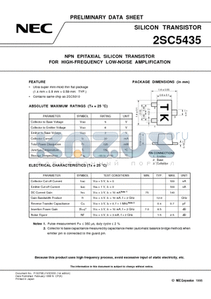 2SC5435 datasheet - NPN EPITAXIAL SILICON TRANSISTOR FOR HIGH-FREQUENCY LOW-NOISE AMPLIFICATION