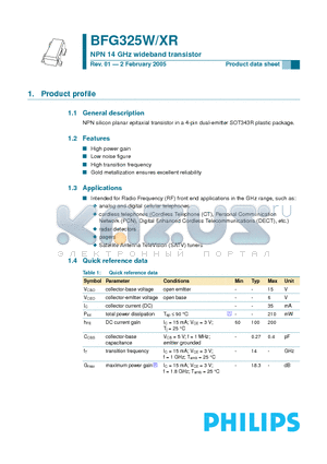 BFG325W-XR datasheet - NPN 14 GHz wideband transistor