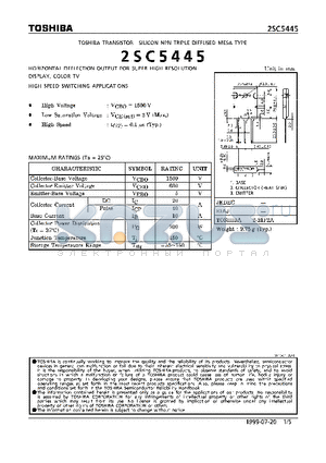 2SC5445 datasheet - NPN TRIPLE DIFFUSED MESA TYPE (HORIZONTAL DEFLECTION OUTPUT FOR SUPER HIGH RESOLUTION DISPLAY, COLOR TV. HIGH SPEED SWITCHING APPLICATIONS)