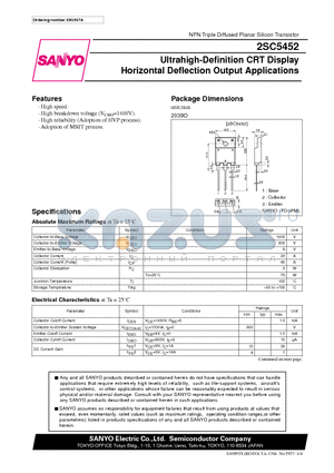 2SC5452 datasheet - Ultrahigh-Definition CRT Display Horizontal Deflection Output Applications