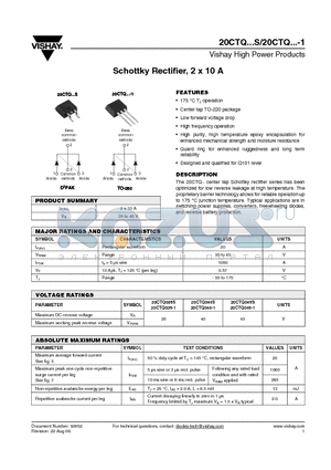 20CTQ035-1TRR datasheet - Schottky Rectifier, 2 x 10 A