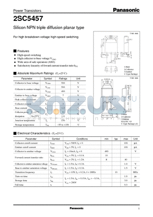 2SC5457 datasheet - Silicon NPN triple diffusion planar type(For high breakdown voltage high-speed switching)