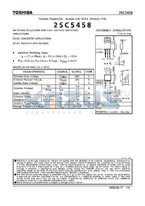 2SC5458 datasheet - NPN TRIPLE DIFFUSED TYPE (SWITCHING REGULATOR AND HIGH VOLTAGE SWITCHING, DC-DC CONVERTER, DC-AC INVERTER APPLICATIONS)