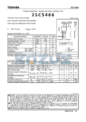 2SC5466 datasheet - NPN TRIPLE DIFFUSED TYPE (DYNAMIC FOCUS, HIGH VOLTAGE SWITCHING,AMPLIFIER APPLICATIONS)