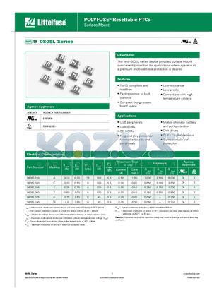 0805L010WR datasheet - POLYFUSE Resettable PTCs Surface Mount