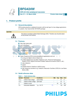 BFG424W datasheet - NPN 25 GHz wideband transistor