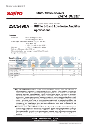 2SC5490A datasheet - UHF to S-Band Low-Noise Amplifier Applications