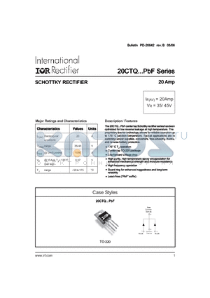 20CTQ040PBF datasheet - SCHOTTKY RECTIFIER 20 Amp