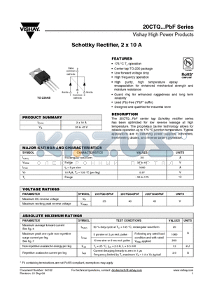 20CTQ040PBF datasheet - Schottky Rectifier, 2 x 10 A