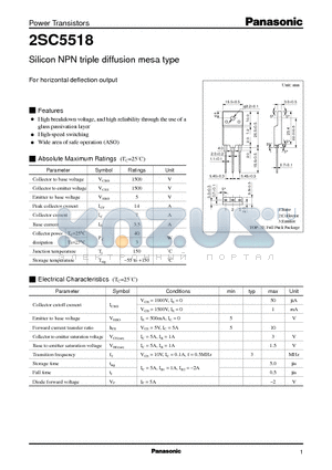 2SC5518 datasheet - Silicon NPN triple diffusion mesa type(For horizontal deflection output)