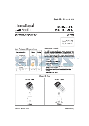 20CTQ045-1PBF datasheet - SCHOTTKY RECTIFIER