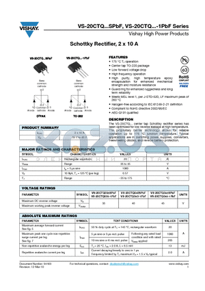 20CTQ045-1TRRPBF datasheet - Schottky Rectifier, 2 x 10 A
