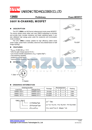 13N50L-TA3-T datasheet - 500V N-CHANNEL MOSFET
