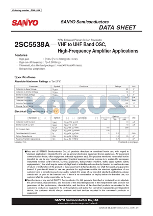 2SC5538A datasheet - NPN Epitaxial Planar Silicon Transistor VHF to UHF Band OSC, High-Frequency Amplifier Applications