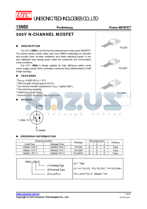 13N50L-TF1-T datasheet - 500V N-CHANNEL MOSFET