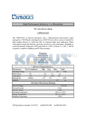 13PD150-ST datasheet - High Performance InGaAs p-i-n Photodiode