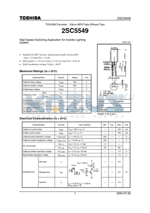 2SC5549 datasheet - High-Speed Switching Application for Inverter Lighting