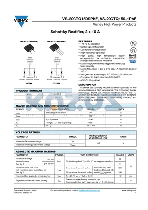 20CTQ150-1PBF datasheet - Schottky Rectifier, 2 x 10 A