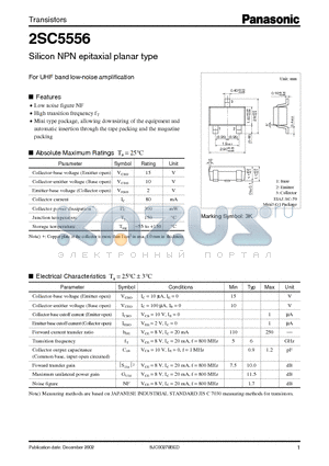 2SC5556 datasheet - For UHF Band Low-Noise Amplification