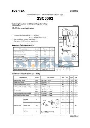 2SC5562 datasheet - Switching Regulator and High-Voltage Switching