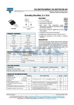 20CTQ150PBF datasheet - Schottky Rectifier, 2 x 10 A