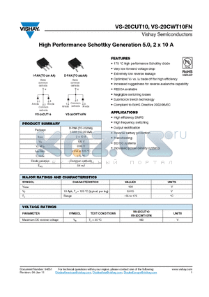 20CUT10 datasheet - High Performance Schottky Generation 5.0, 2 x 10 A