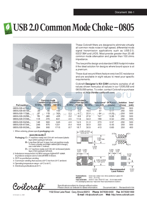 0805USB-172ML datasheet - USB 2.0 Common Mode Choke