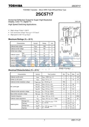 2SC5717 datasheet - Horizontal Deflection Output for Super High Resolution Display, Color TV, Digital TV. High Speed Switching Applications.