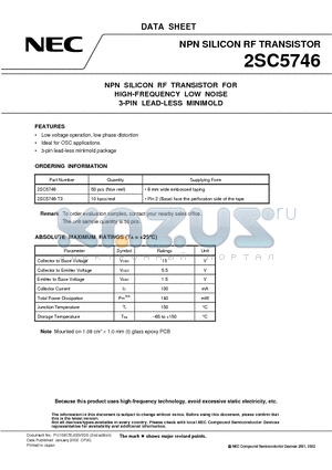 2SC5746 datasheet - NPN SILICON RF TRANSISTOR FOR HIGH-FREQUENCY LOW NOISE 3-PIN LEAD-LESS MINIMOLD