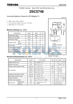 2SC5748 datasheet - TOSHIBA Transistor Silicon NPN Triple Diffused Mesa Type