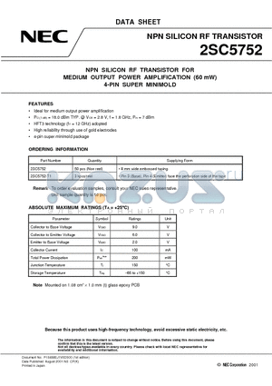 2SC5752 datasheet - NPN SILICON RF TRANSISTOR FOR MEDIUM OUTPUT POWER AMPLIFICATION (60 mW) 4-PIN SUPER MINIMOLD