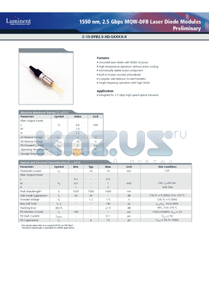 C-15-DFB2.5-PD-SST-O datasheet - 1550 nm, 2.5 Gbps MQW-DFB Laser Diode Modules