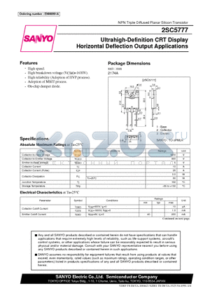 2SC5777 datasheet - Ultrahigh-Definition CRT Display Horizontal Deflection Output Applications