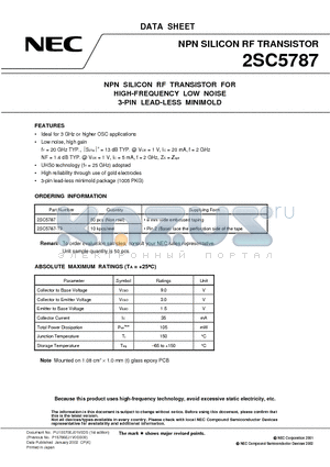 2SC5787-T3 datasheet - NPN SILICON RF TRANSISTOR FOR HIGH-FREQUENCY LOW NOISE 3-PIN LEAD-LESS MINIMOLD