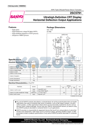 2SC5791 datasheet - Ultrahigh-Definition CRT Display Horizontal Deflection Output Applications