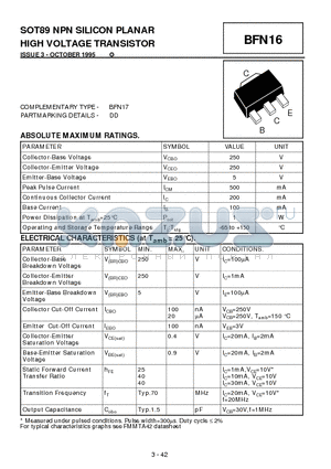 BFN16 datasheet - SOT89 NPN SILICON PLANAR HIGH VOLTAGE TRANSISTOR