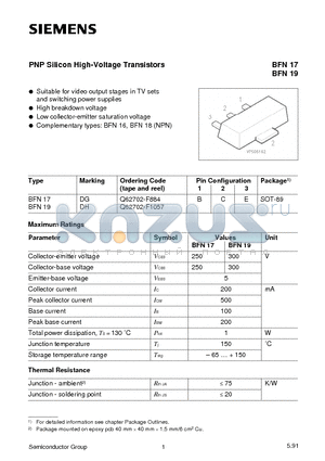 BFN17 datasheet - PNP Silicon High-Voltage Transistors (Suitable for video output stages in TV sets and switching power supplies High breakdown voltage)