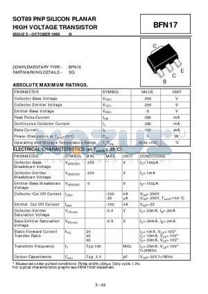 BFN17 datasheet - SOT89 PNP SILICON PLANAR HIGH VOLTAGE TRANSISTOR