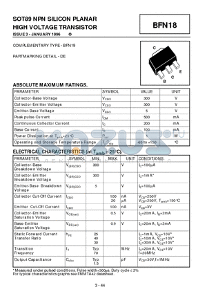 BFN18 datasheet - SOT89 NPN SILICON PLANAR HIGH VOLTAGE TRANSISTOR