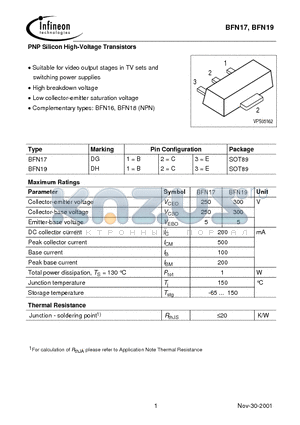 BFN19 datasheet - PNP Silicon High-Voltage Transistors