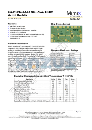 20DBL0451 datasheet - 8.0-12.0/16.0-24.0 GHz GaAs MMIC Active Doubler