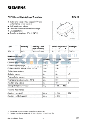 BFN23 datasheet - PNP Silicon High-Voltage Transistor (Suitable for video output stages in TV sets and switching power supplies High breakdown voltage)