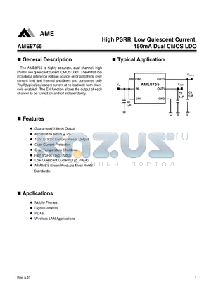 AME8755-AEY180280 datasheet - High PSRR, Low Quiescent Current, 150mA Dual CMOS LDO